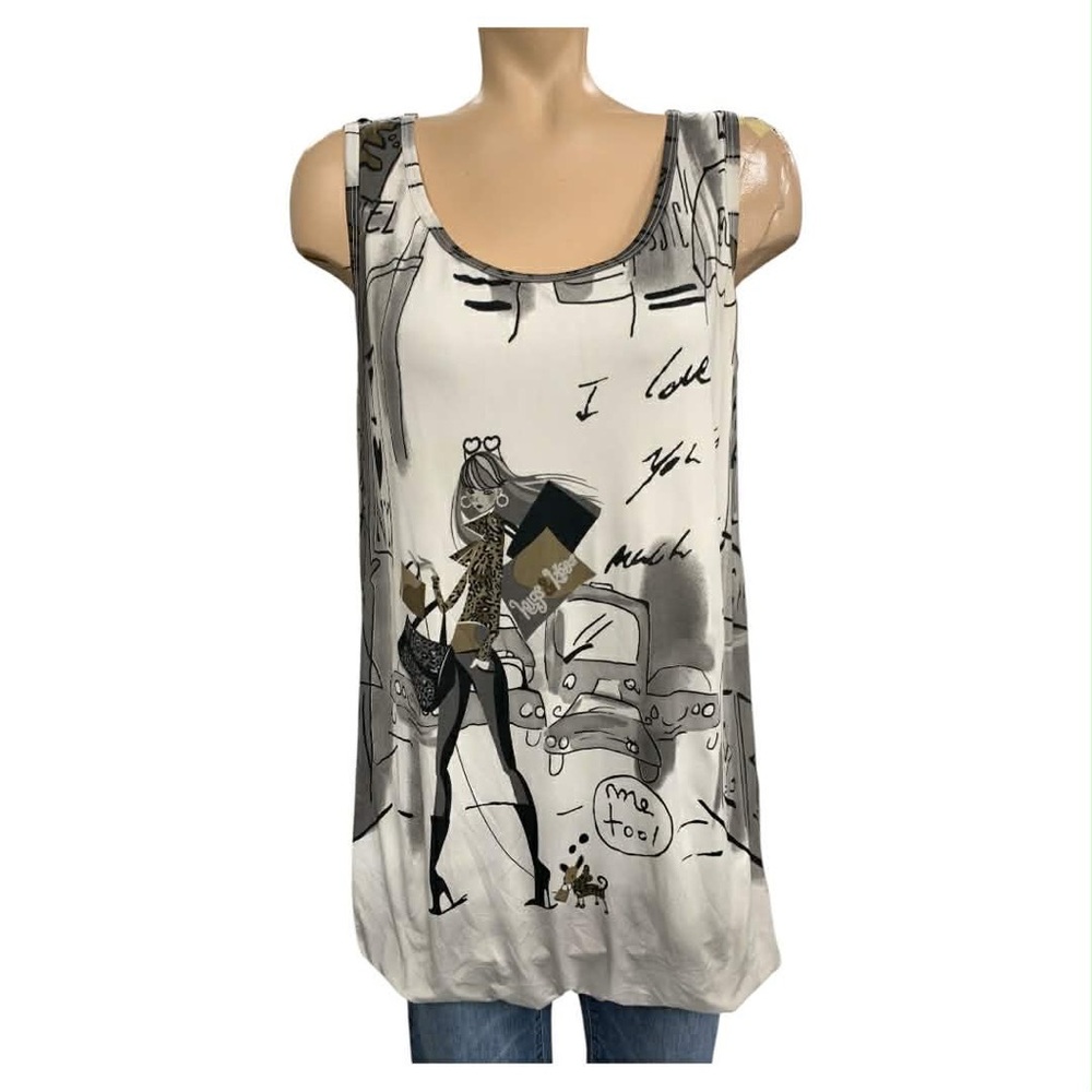 Simon Chang White and Black Graphic Scoop Tank Size M